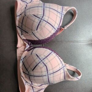 Cacique Pink Plaid Molded Bra with Purple Lace Trim